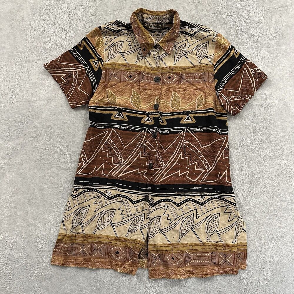 Positive Influence Button Shirt Short Sleeve Women 14 Brown Tribal Print Vtg